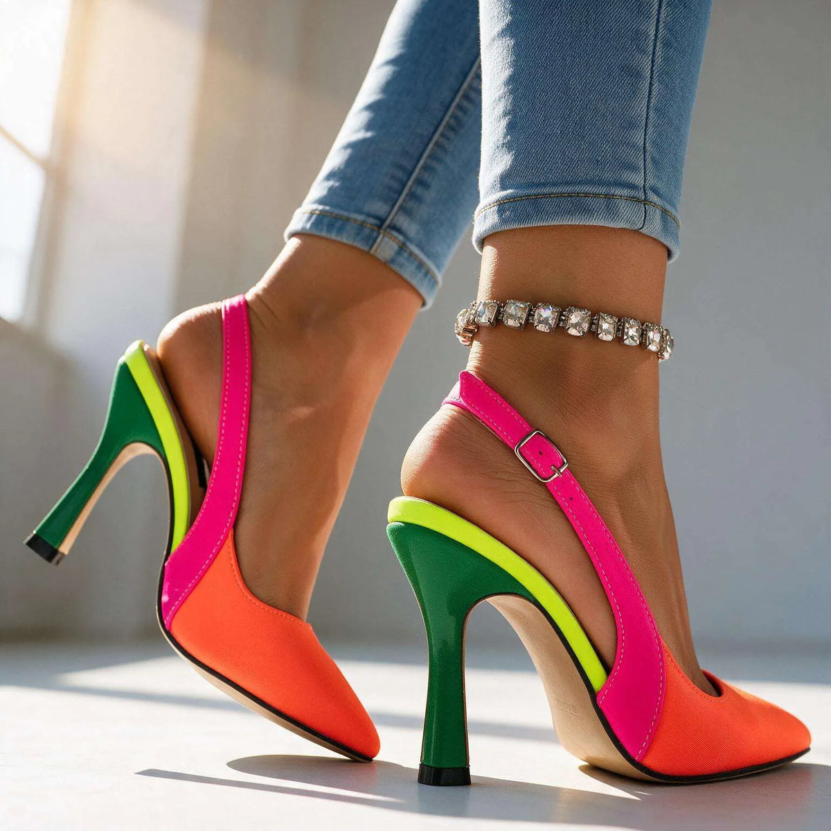 Close-up side angle of orange slingback heel with magenta ankle strap, lime and green stiletto, buckle detail visible