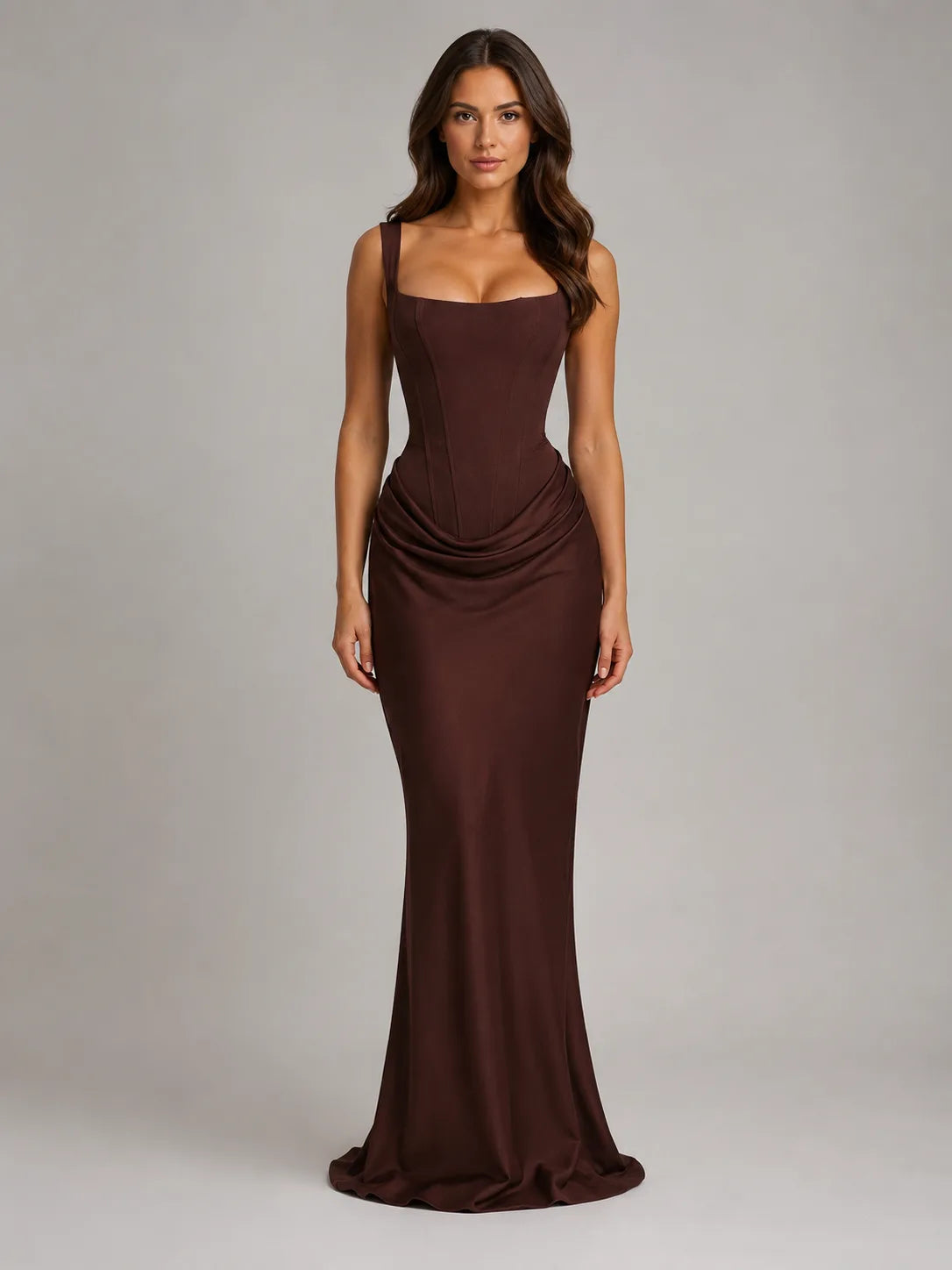 Front view of a chocolate brown corset-style maxi dress with square neckline and draped waist on a model