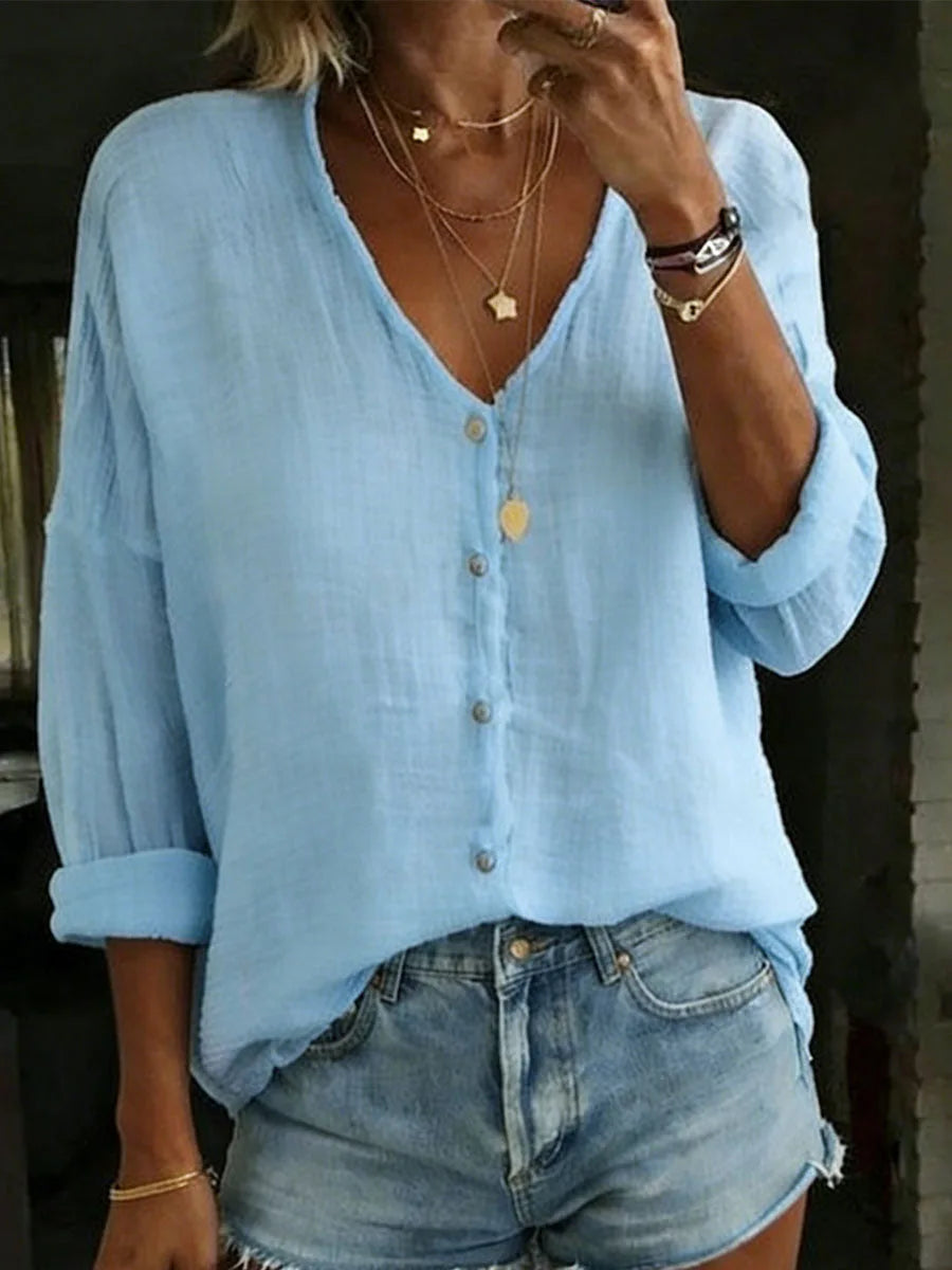 Helena | Women's Cotton Linen Loose Fit Button-Up Blouse