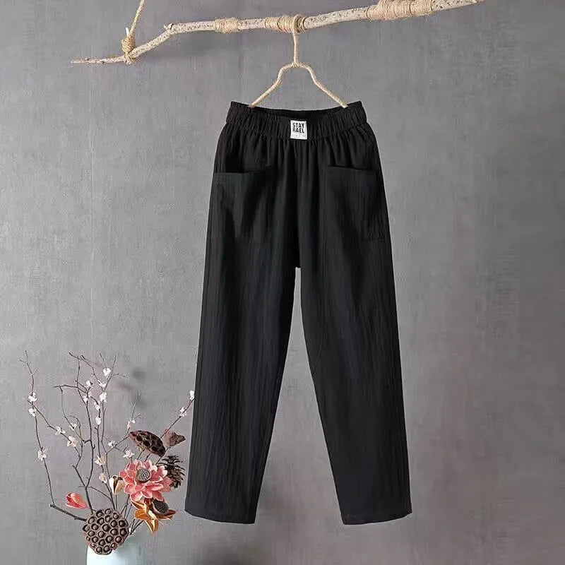 Side-by-side thumbnail grid of the pants in green, black, white, red and grey colourways