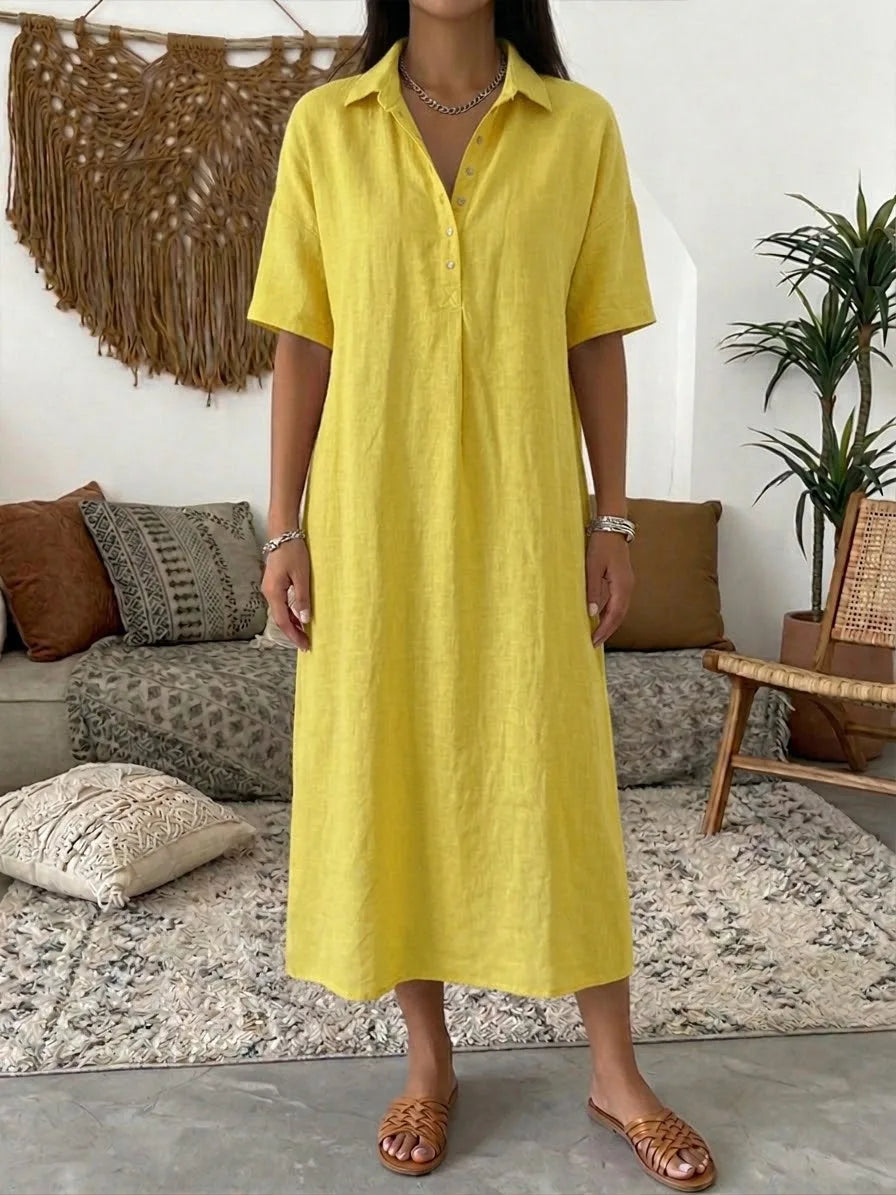 Yellow collared polo midi dress with button front worn with woven tan slide sandals
