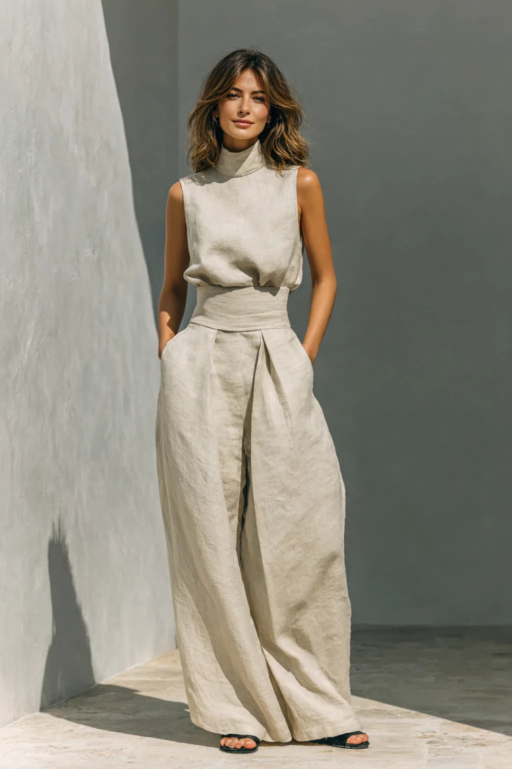 Front view of model wearing a natural beige linen high-neck sleeveless top with matching wide-leg pleated pants and black sandals