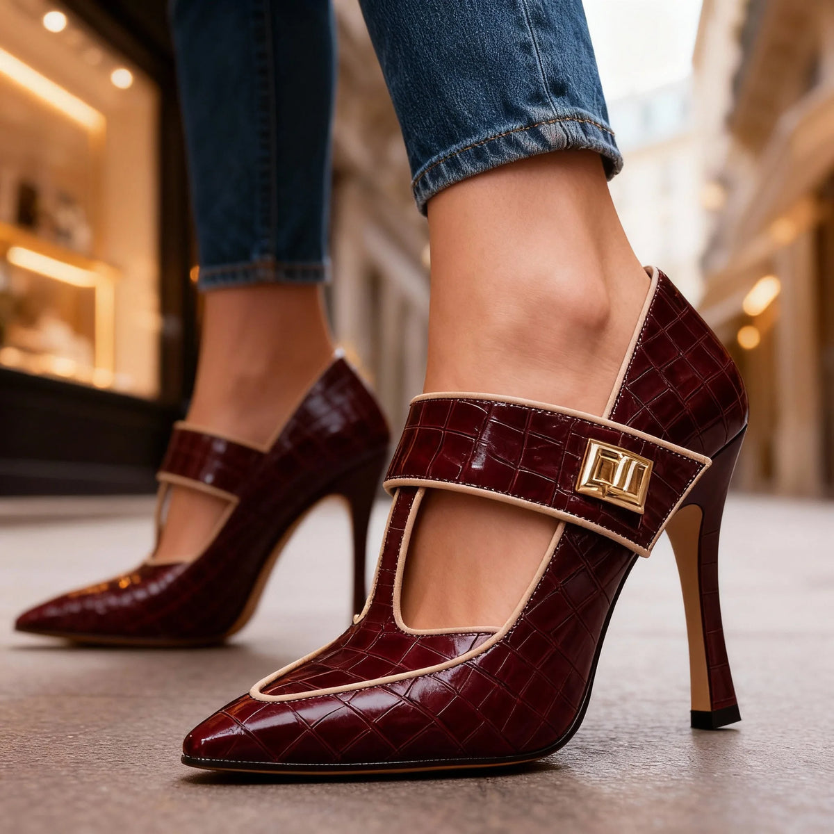 Croc-Embossed T-Strap Stiletto Heels