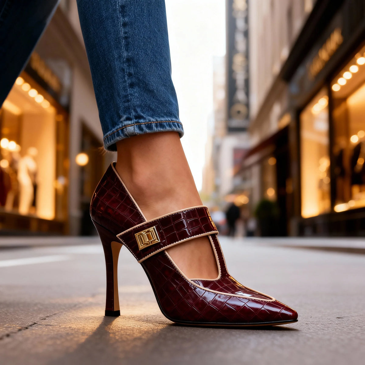 Burgundy pointed-toe stiletto with beige piping and T-strap, close-up on foot with denim cuff in background