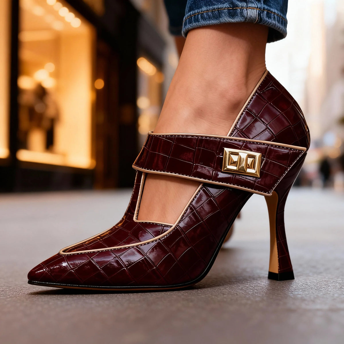 Rear-angled close-up of burgundy stiletto showing the curved heel, croc texture and gold buckle fastening