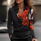 Side angle of a satin blouse with draped neckline showing collar shape and sleeve cuff detail