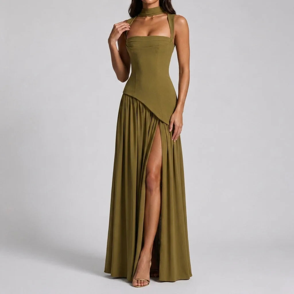 Samantha | Elegant Satin Corset Maxi Dress with Draped Slit for Women
