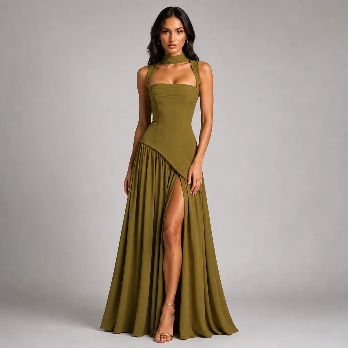 Olive green satin-look maxi dress with sculpted corset bodice, thin straps and asymmetric ruched skirt