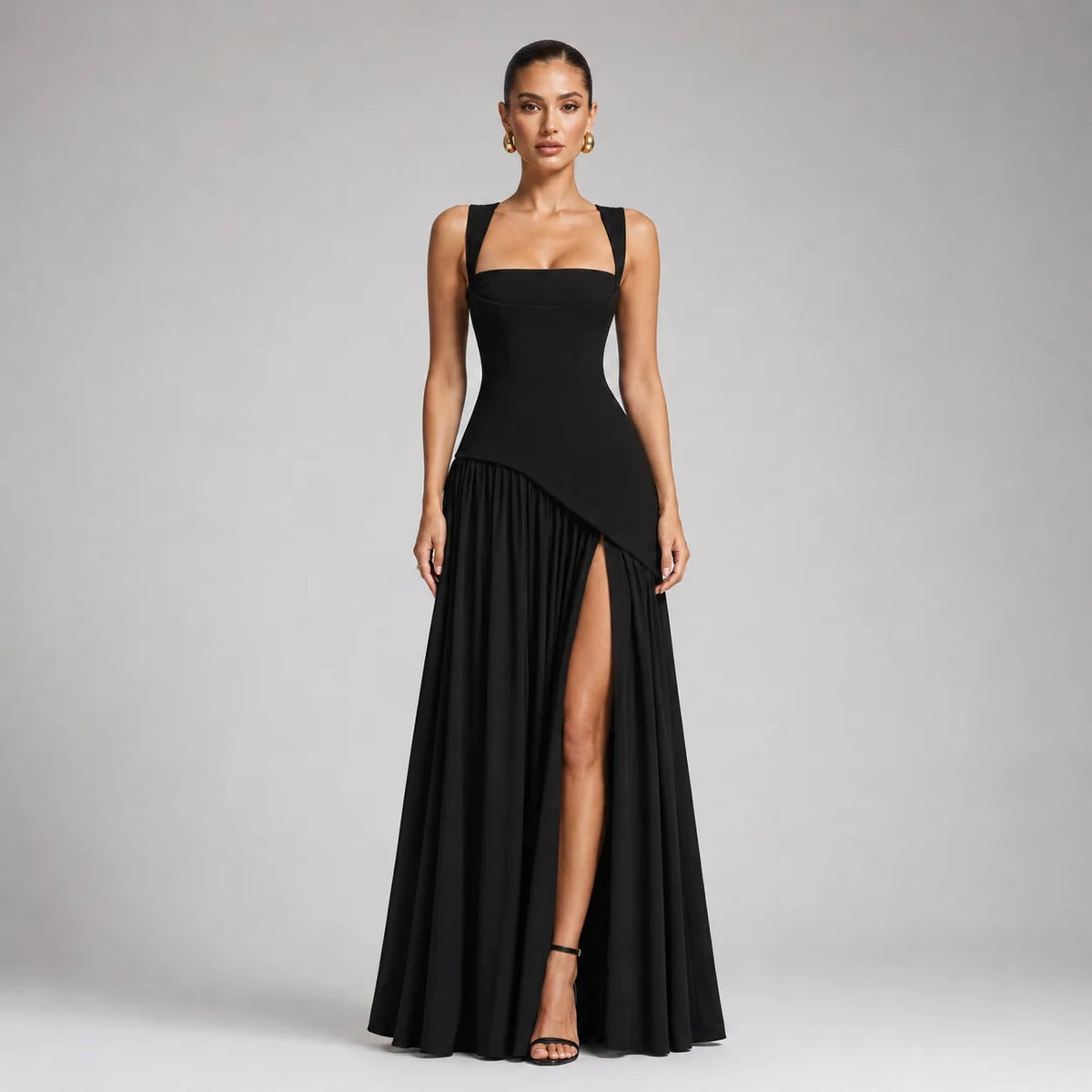 Black sleeveless satin-look maxi dress with square neckline, fitted bodice and high side slit, front view