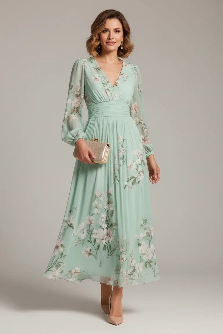 Front view of the sage green floral midi dress showing the pleated skirt, fitted waistband and V-neck bodice
