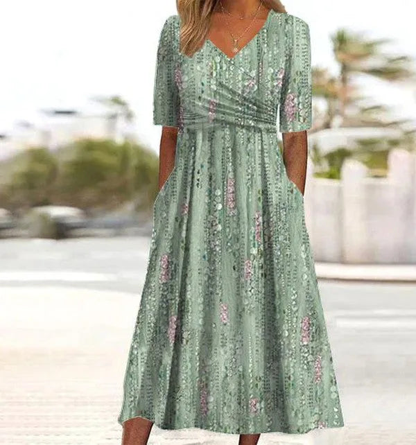 Angela | Floral Print High-Waist A-Line Midi Dress for Women