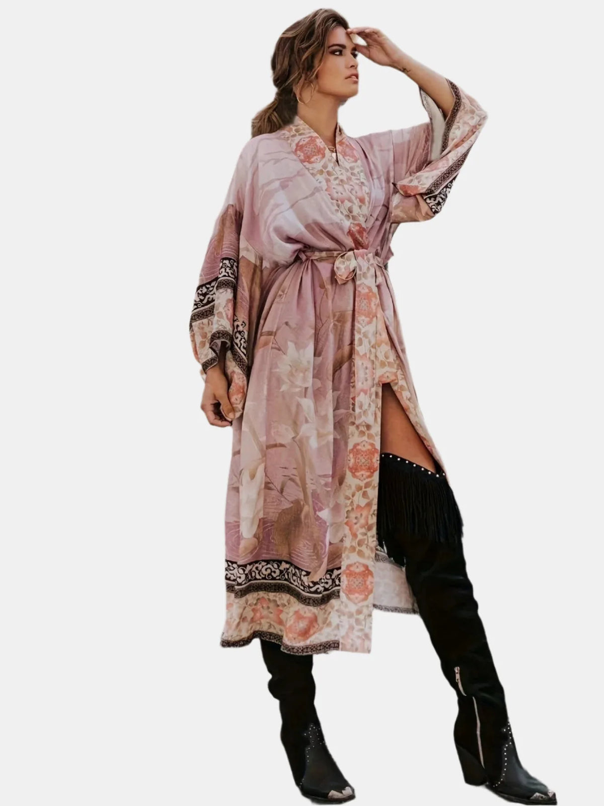 Full-length front view of dusty rose kimono robe styled open over black over-the-knee boots
