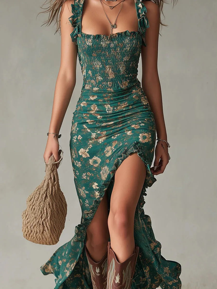 Close-up front view of the green floral dress highlighting the smocked texture, ruffle straps and ruched side slit skirt