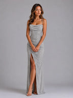 Front view of the glitter corset maxi dress in a soft silver tone with cowl neckline, ruched skirt and thigh split