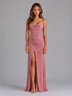 Front view of the glitter corset maxi dress in a dusty pink tone with sweetheart neckline and draped ruched skirt