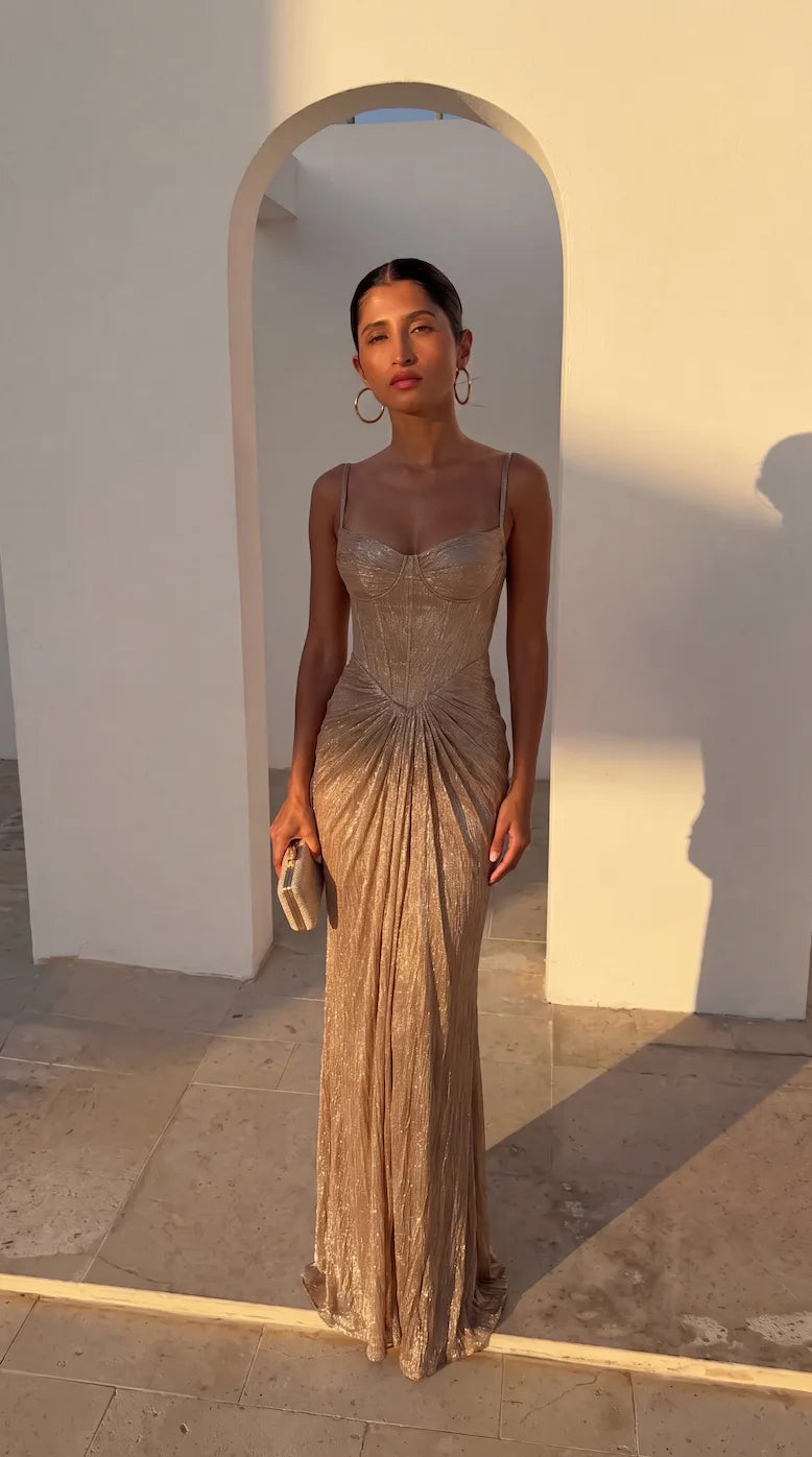 Margot | Gold Shimmer Corset Pleated Maxi Dress for Women