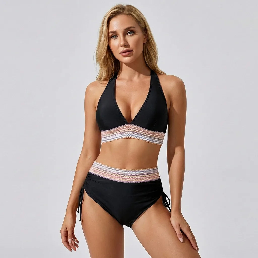 Front view of black halter neck bikini with multicolour striped waistband and ruched high-waist bottoms