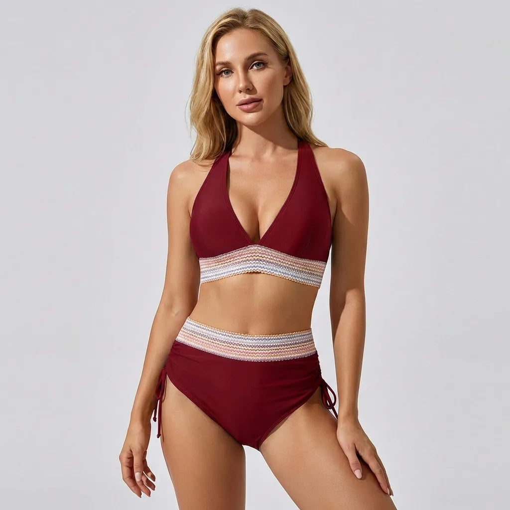 Burgundy halter bikini set styled with a woven textured band at bust and waist, high-waisted brief