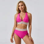 Hot pink halter bikini set with multicolour striped band, high-waisted bottoms with side ties