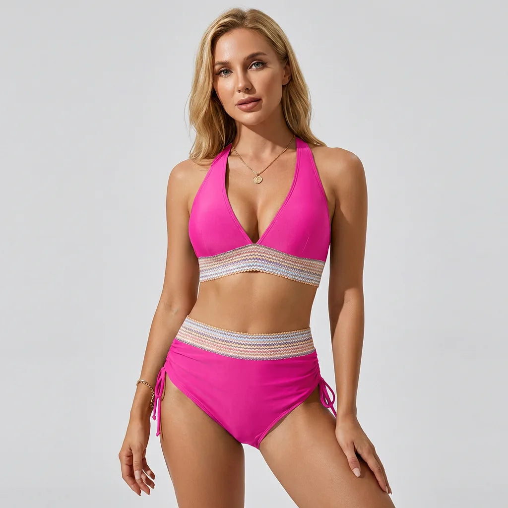 Hot pink halter bikini set with multicolour striped band, high-waisted bottoms with side ties