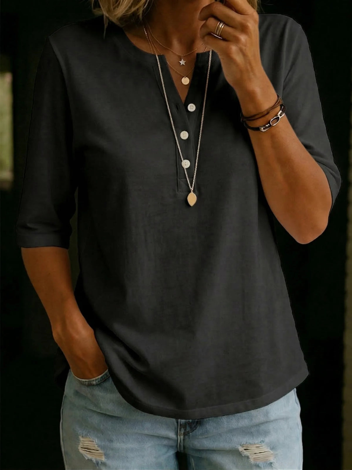 Charcoal grey Henley tee shown from the front with the signature V-shaped button neckline