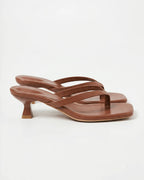 Brown leather thong sandals with square toe and stable flared spool heel