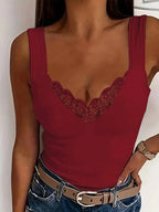Burgundy fitted singlet top with scalloped lace trim across the sweetheart neckline