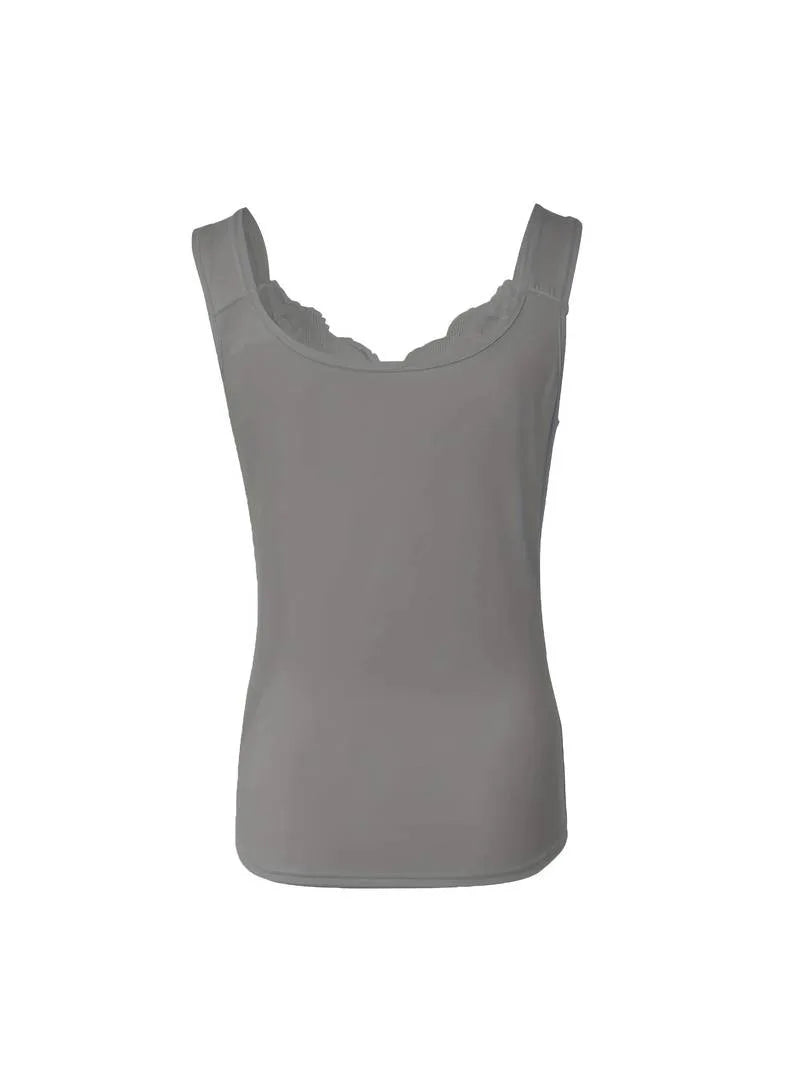 Back view of the grey top on a flat lay, showing the scooped back and plain strap design