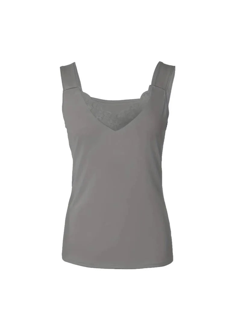 Front flat lay of the grey top showing the sweetheart lace neckline and fitted silhouette