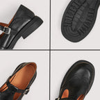 Four detail close-ups of the black pair showing heel stitching, rubber tread sole, buckle and rounded toe