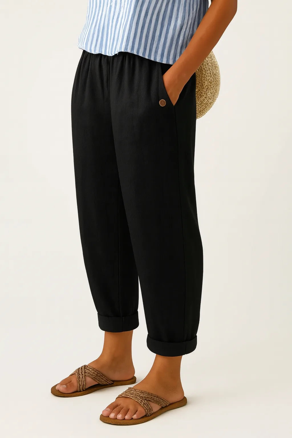 Close-up side view of black cropped trousers with elastic waistband, button pocket detail and cuffed hem