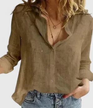 Brown linen button-down shirt with rolled-up sleeves and a soft ruffled lapel collar, close front view