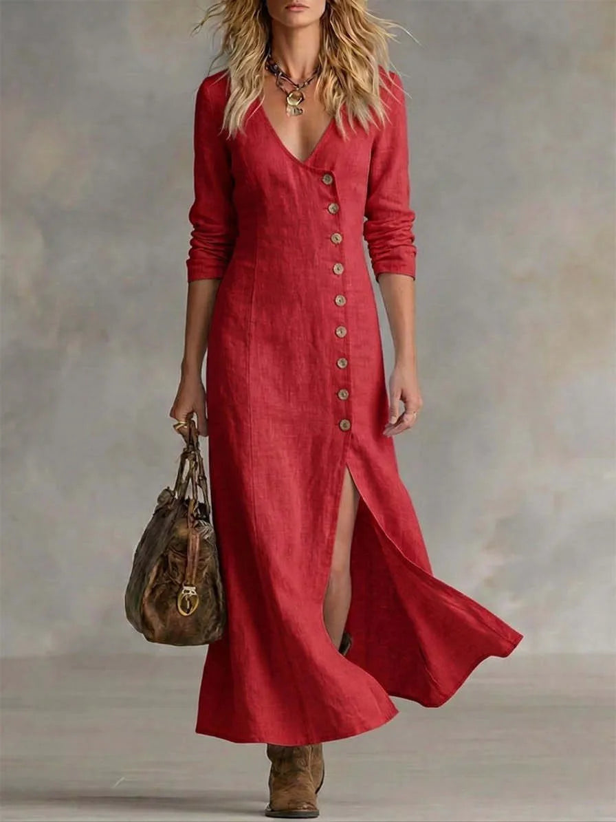 Close-up front view of a red linen maxi dress with wooden-tone buttons running from neckline to hem