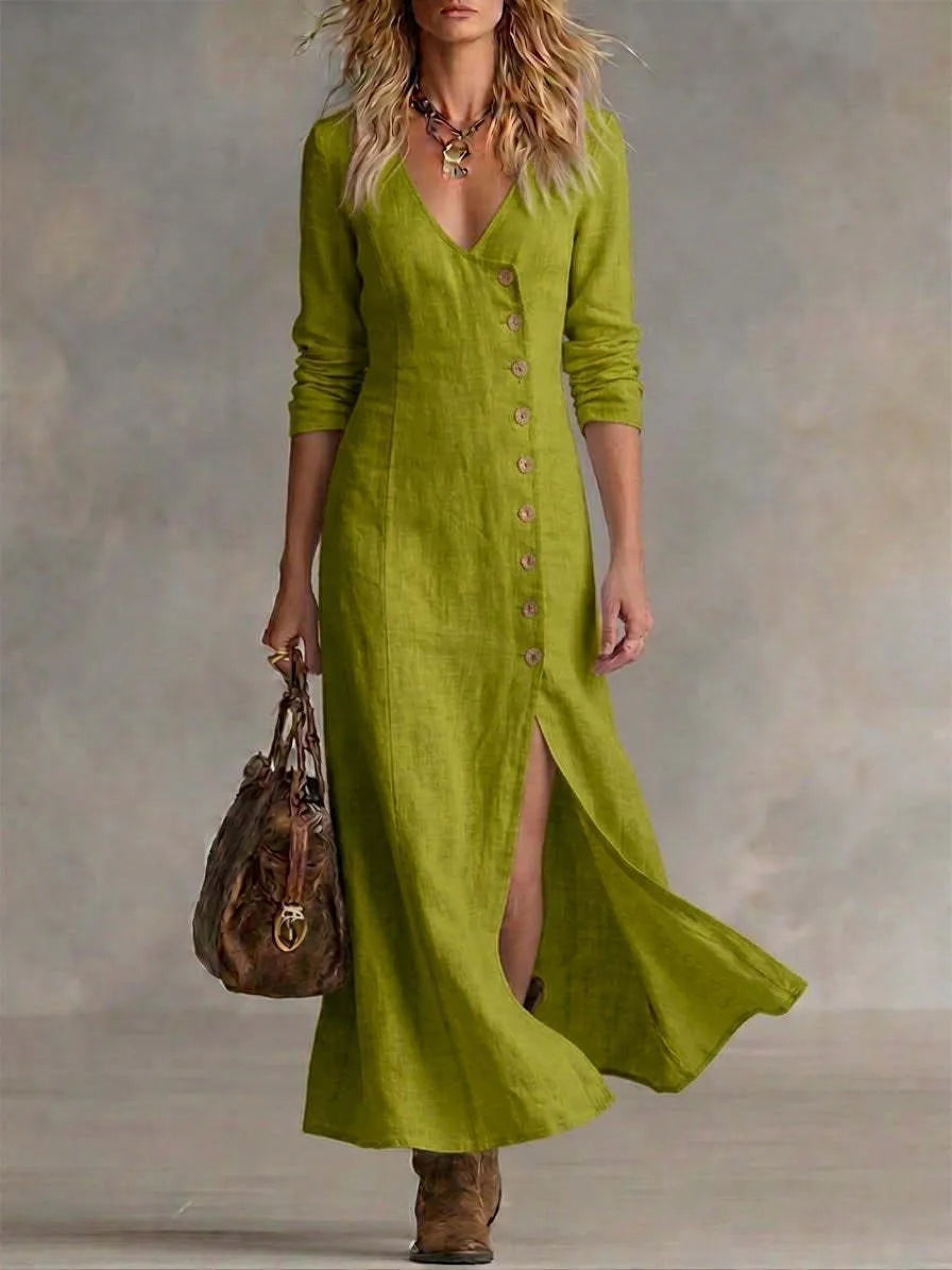 Mustard-green linen maxi dress shown from the front, with fitted waist and flowing front-split skirt