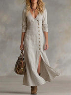 Beige linen maxi dress with button-front closure and long sleeves, paired with cowboy-style boots