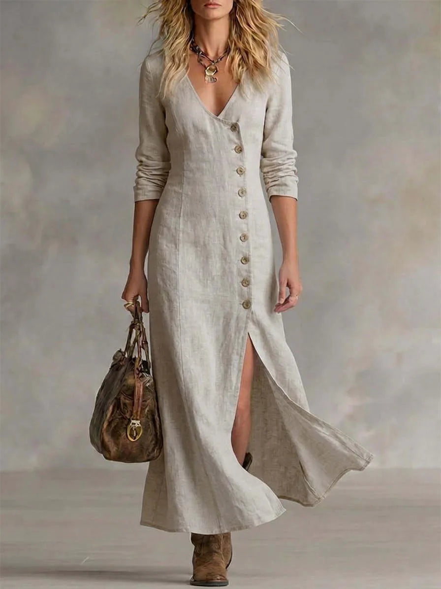 Beige linen maxi dress with button-front closure and long sleeves, paired with cowboy-style boots