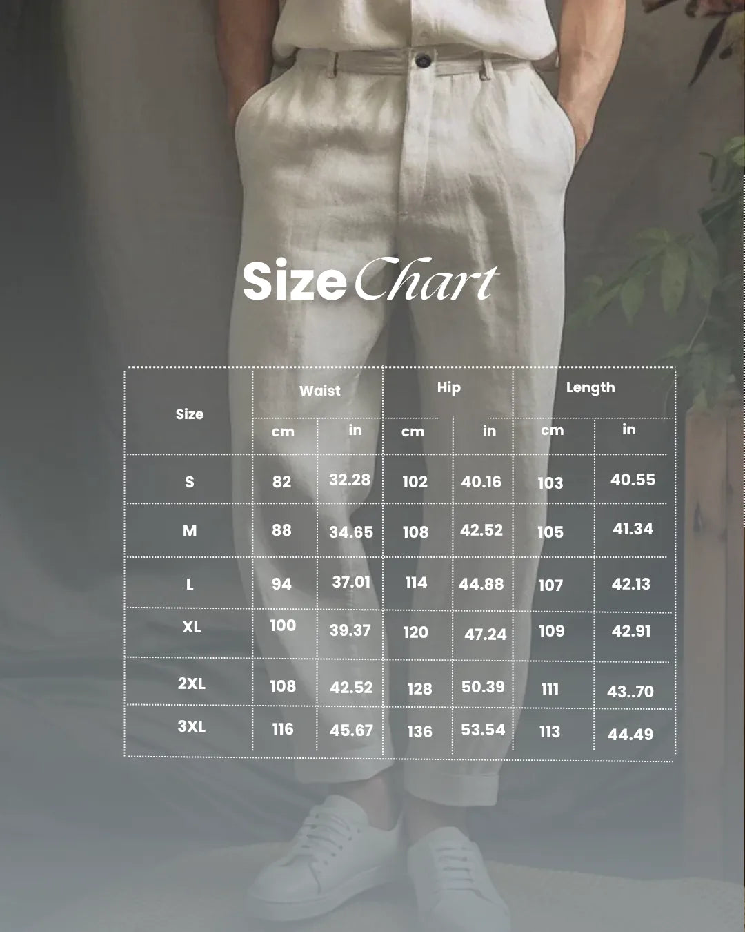 Size chart overlay showing waist, hip and length measurements in centimetres and inches for sizes S to 3XL.