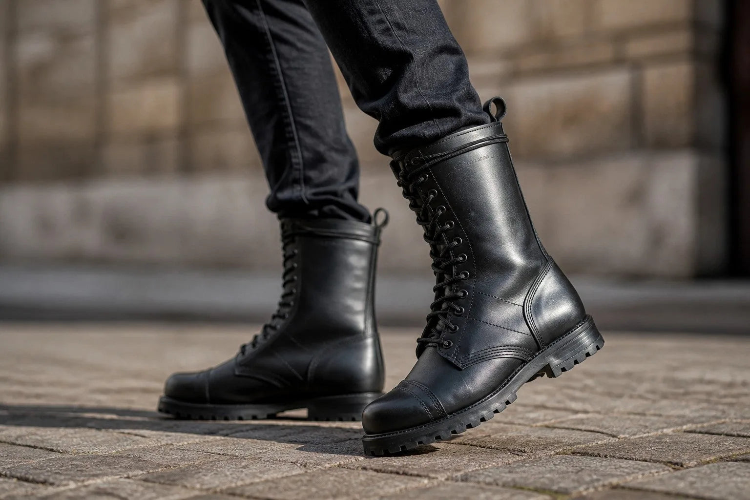Close-up of feet wearing black leather combat boots while walking on a stone street.