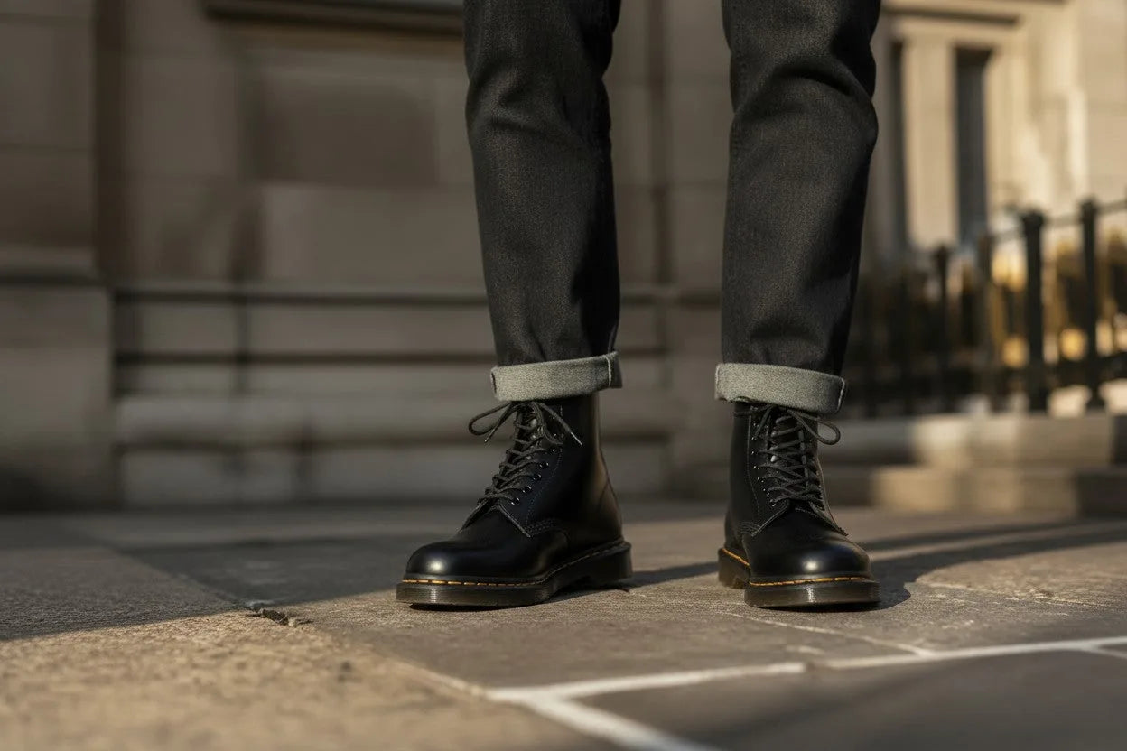 Front view of cuffed jeans and black leather lace-up boots standing on cobblestone street