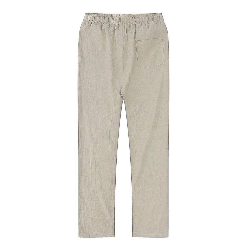 Flat lay back view of light khaki linen pants showing the single back patch pocket