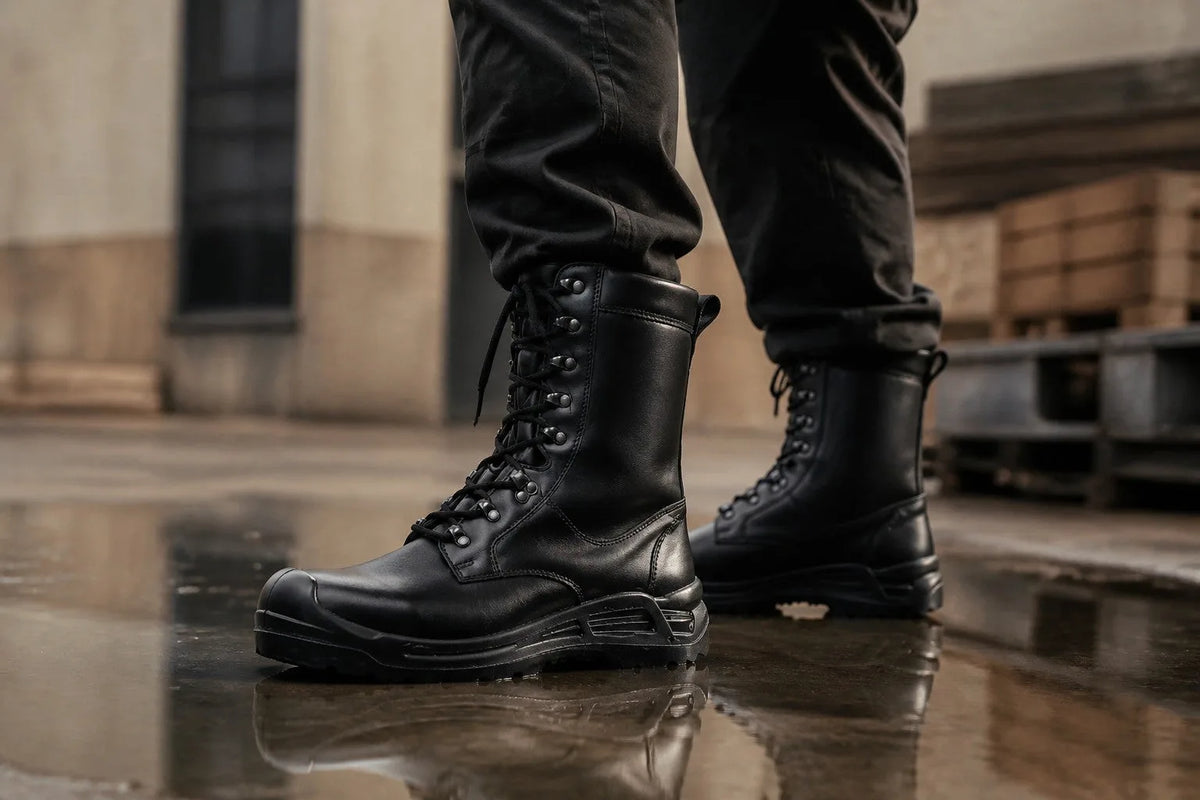 Laura | Men's Combat Boots, Tall Black Leather Lace-Up NATO Style