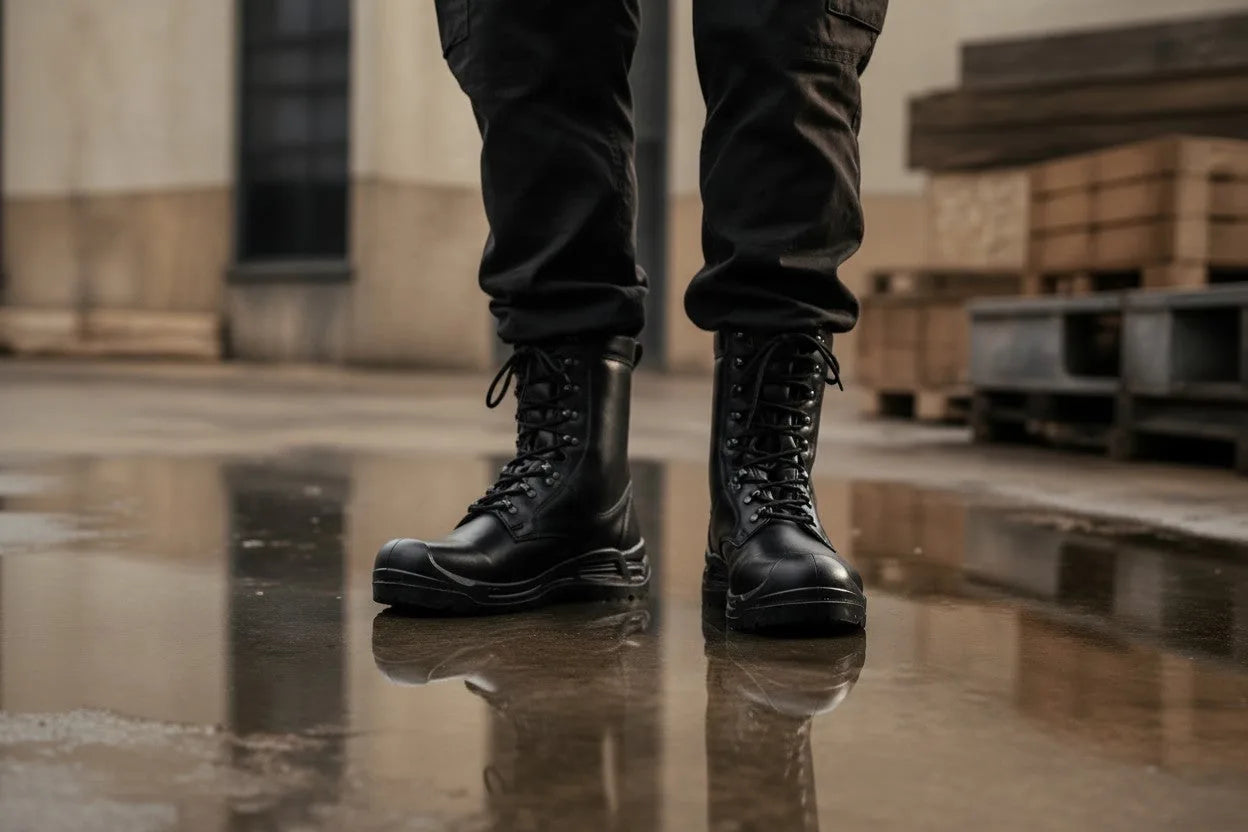 Front view of legs wearing matching black lace-up combat boots standing on a reflective wet surface.