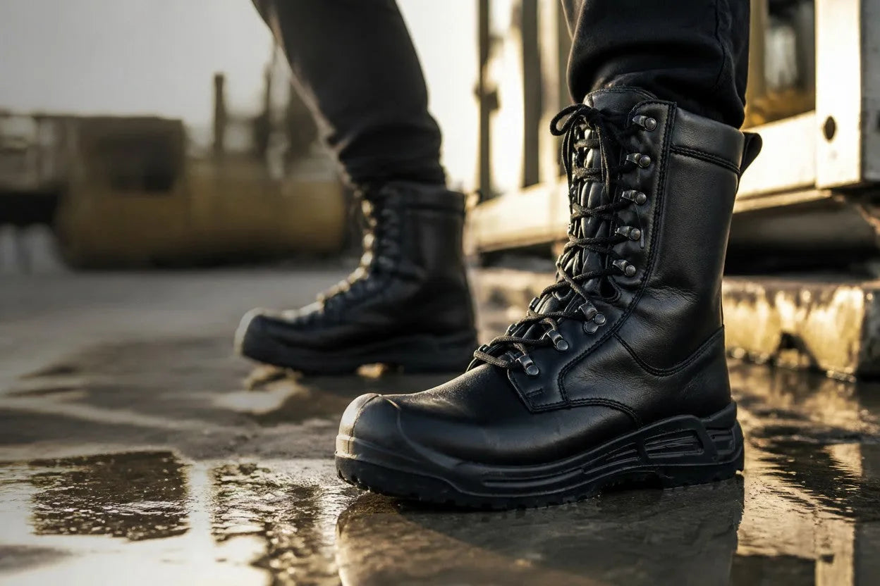 Side profile of black leather combat boots in motion on a wet industrial surface with lace detail visible.