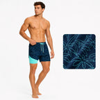 Side view of navy palm-print swim shorts paired with a close-up swatch of the outline palm leaf fabric pattern