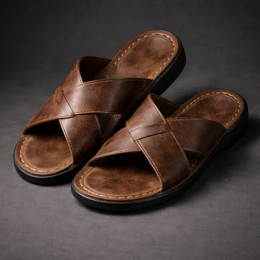 Side view of a pair of brown faux-leather crossover slide sandals with a thick black contrast sole