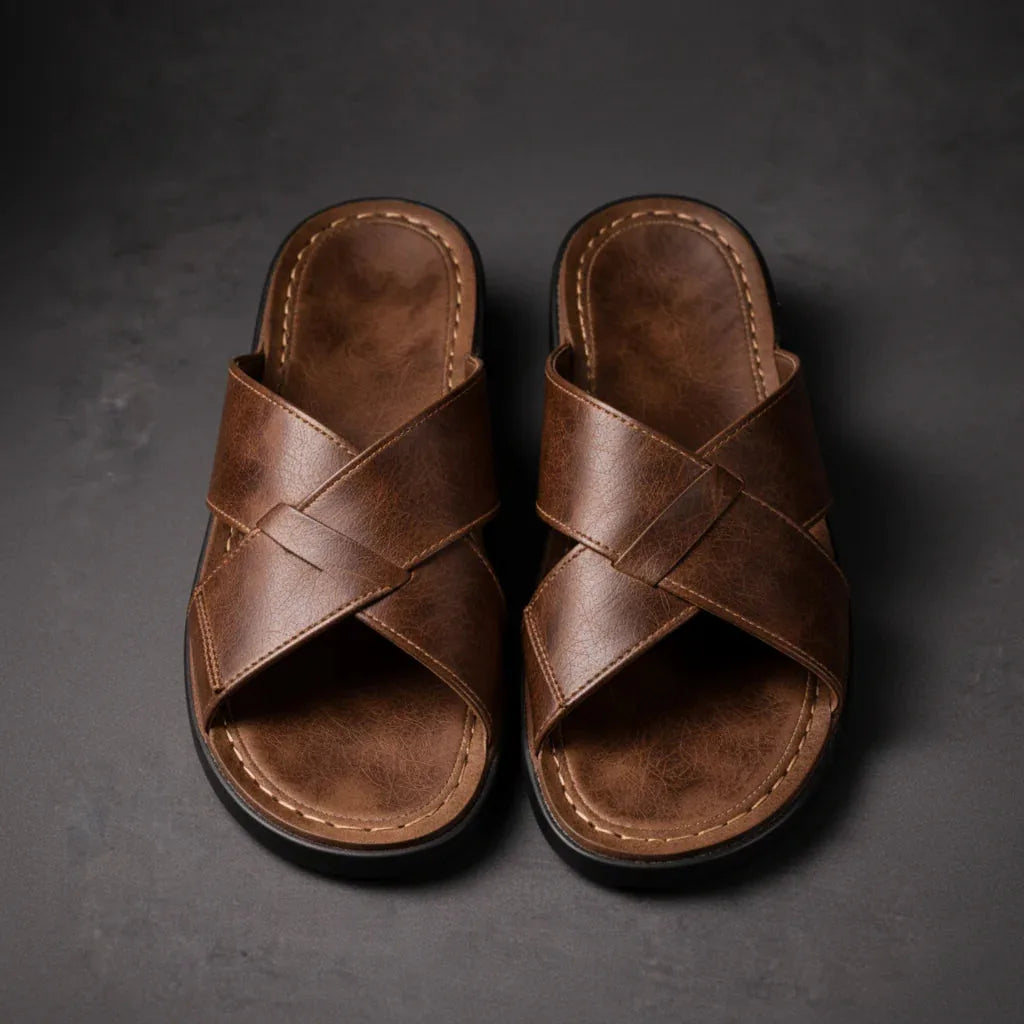Top-down view of brown crossover strap sandals showing the woven leather-look design