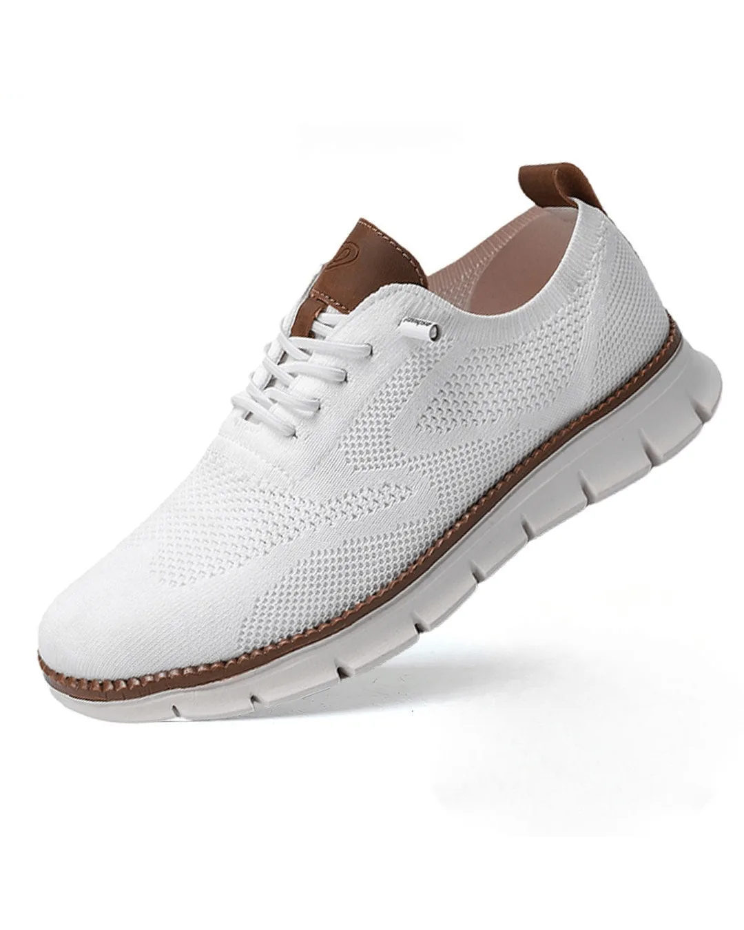 White knit mesh sneaker with contrasting tan leather heel tab and off-white sole
