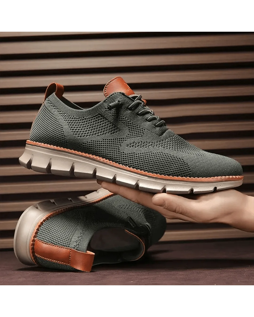 Olive green knit sneaker displayed side by side with its sole flipped, showing ridged tread detail