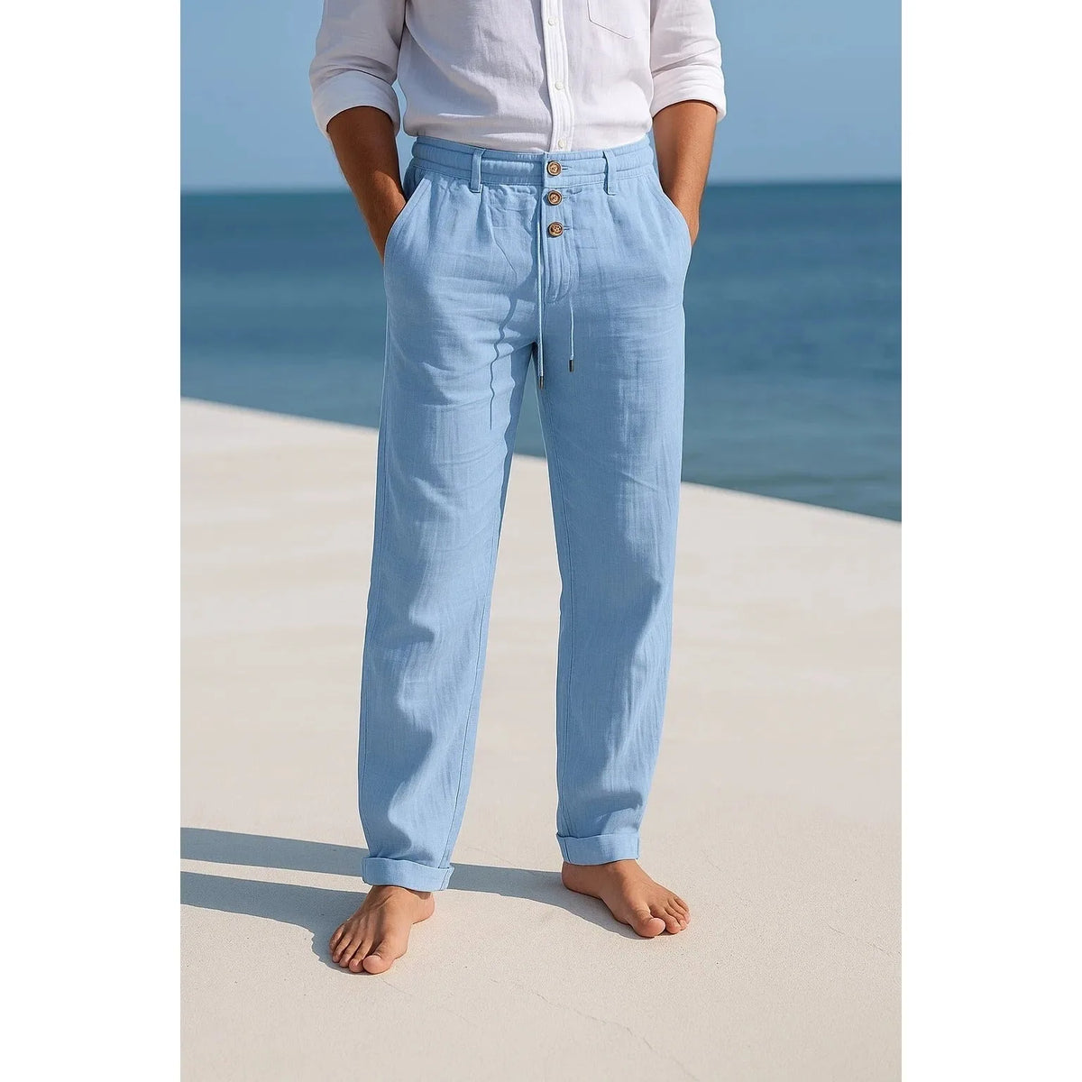 Men's Relaxed Straight-Leg Linen Pants with Drawstring image 11
