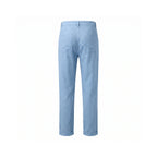 Back view of light blue linen trousers showing two patch pockets and belt loops